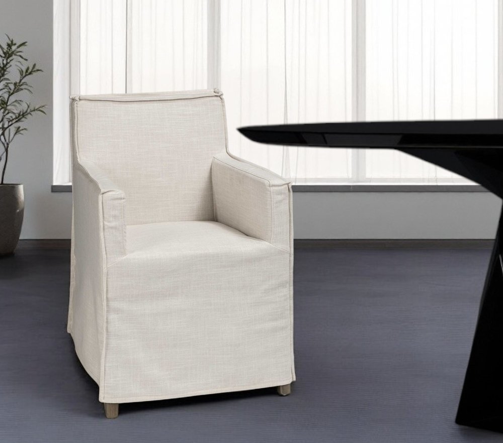 Cream and Brown Slipcovered Upholstered Fabric Dining Arm Chair