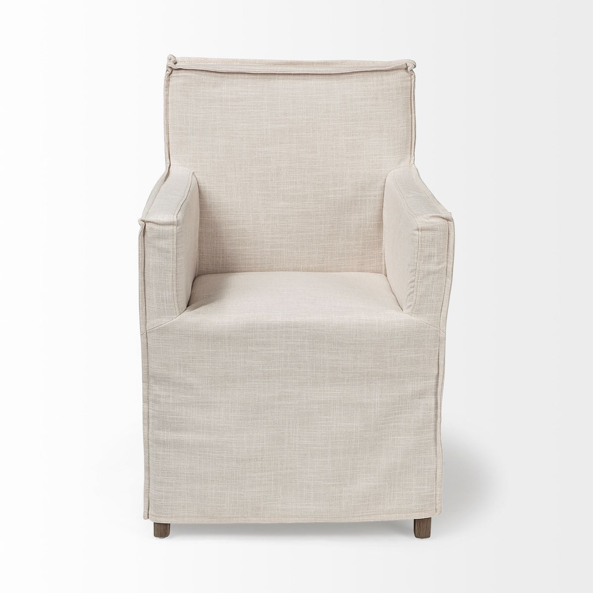 Cream and Brown Slipcovered Upholstered Fabric Dining Arm Chair