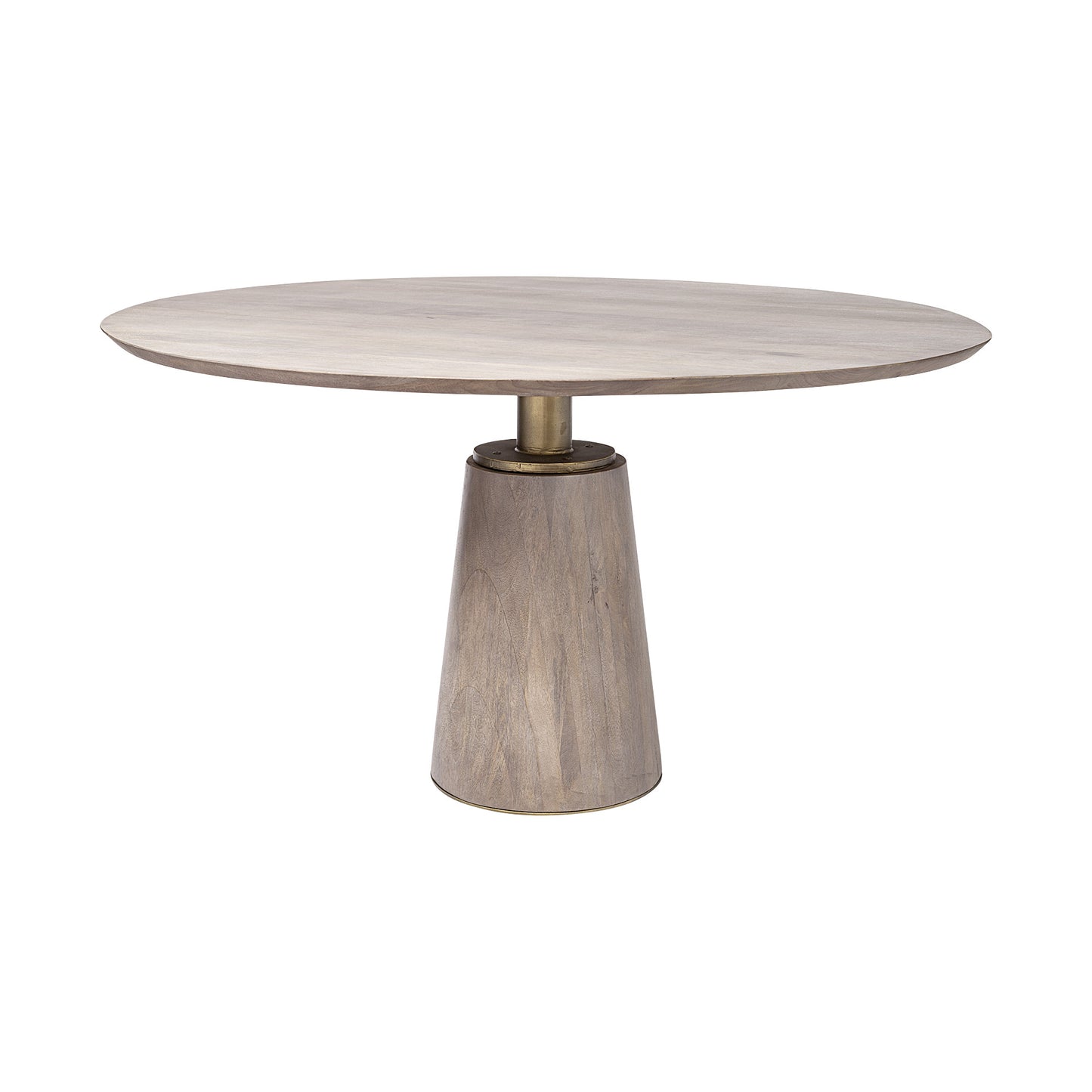 54" Light Brown And Gold Solid Wood And Iron Pedestal Base Round Top Dining Table
