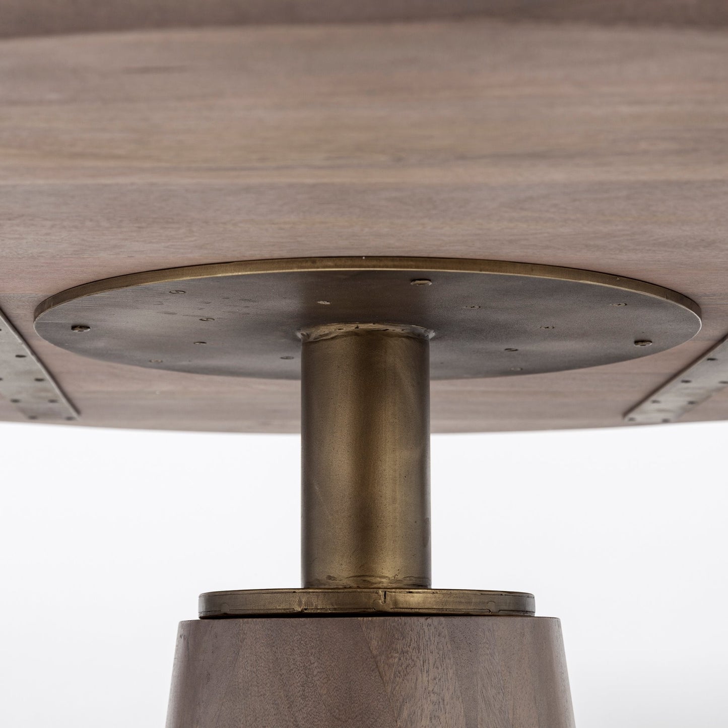 54" Light Brown And Gold Solid Wood And Iron Pedestal Base Round Top Dining Table