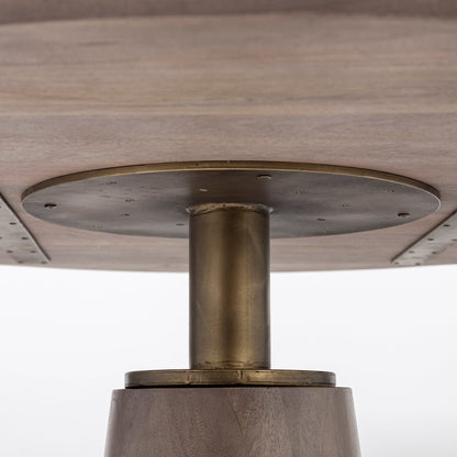 54" Light Brown And Gold Solid Wood And Iron Pedestal Base Round Top Dining Table