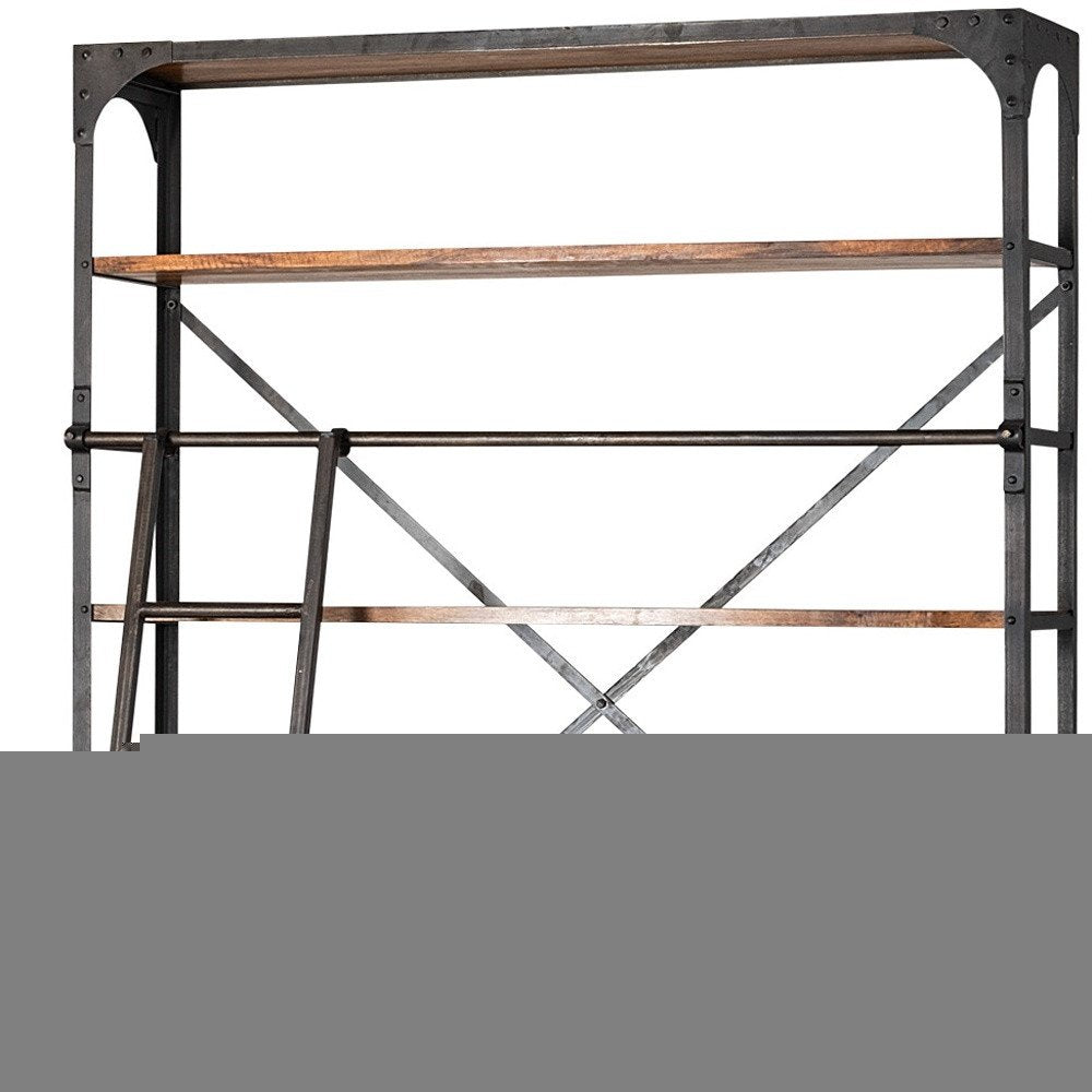 94" Black And Brown Distressed Copper and Wood Four Tier Library Bookcase with Four Drawers