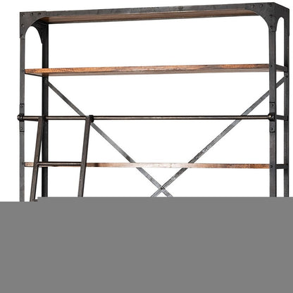 94" Black And Brown Distressed Copper and Wood Four Tier Library Bookcase with Four Drawers