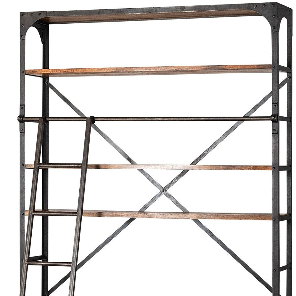 94" Black And Brown Distressed Copper and Wood Four Tier Library Bookcase with Four Drawers
