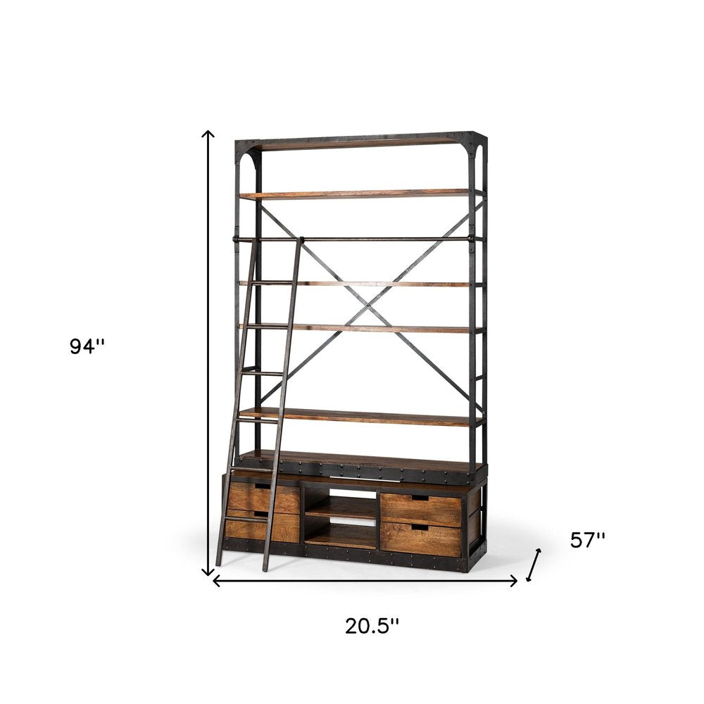 94" Black And Brown Distressed Copper and Wood Four Tier Library Bookcase with Four Drawers