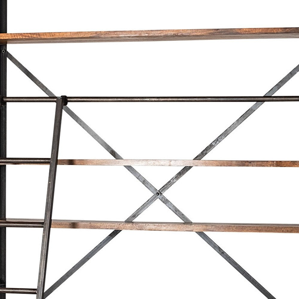 94" Black And Brown Distressed Copper and Wood Four Tier Library Bookcase with Four Drawers
