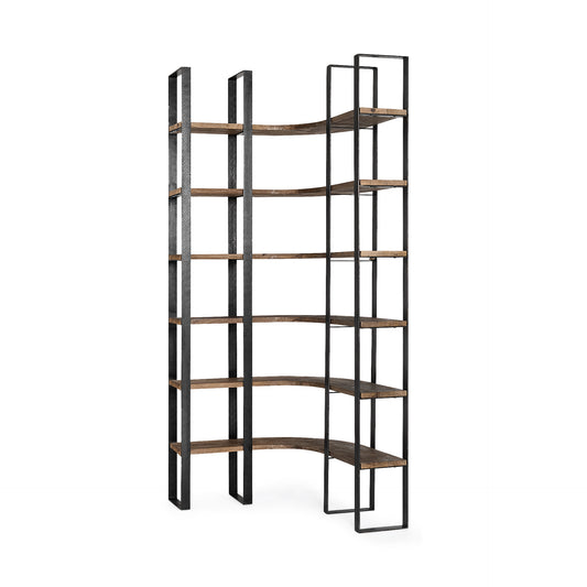 Curved Dark Brown Wood And Black Iron 6 Shelving Unit