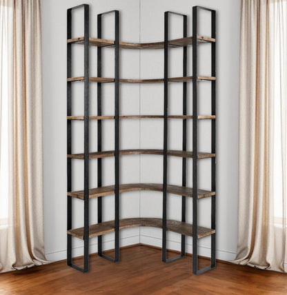 90" Black And Brown Iron and Wood Six Tier Bookcase