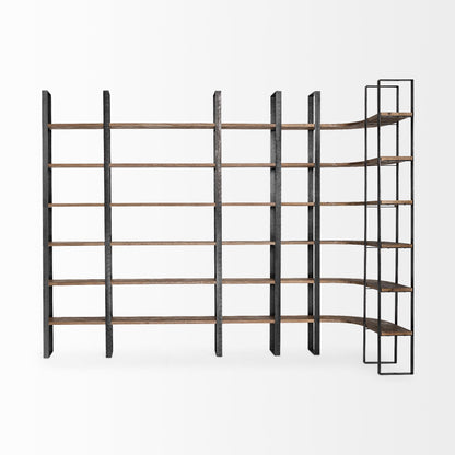 Curved Dark Brown Wood And Black Iron 6 Shelving Unit