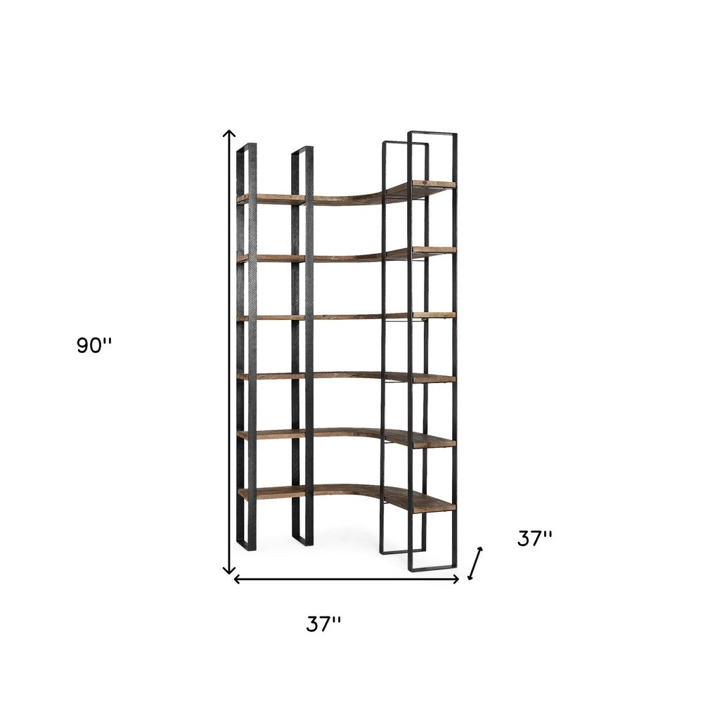 90" Black And Brown Iron and Wood Six Tier Bookcase