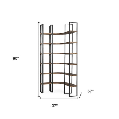 90" Black And Brown Iron and Wood Six Tier Bookcase