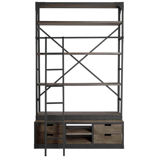 94" Brown Metal and Wood Four Tier Ladder Bookcase