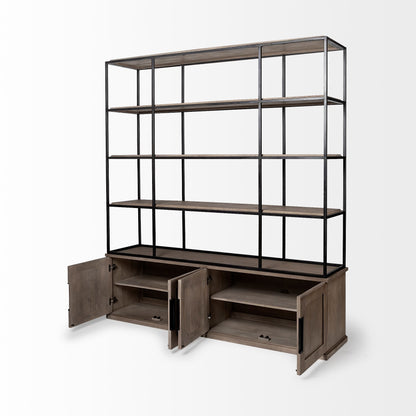 90" Brown Iron and Wood Three Tier Bookcase