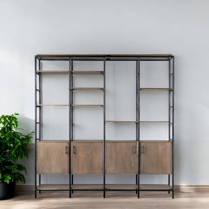 90" Brown Metal and Wood Bookcase