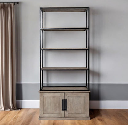 90" Brown Iron and Wood Three Tier Bookcase