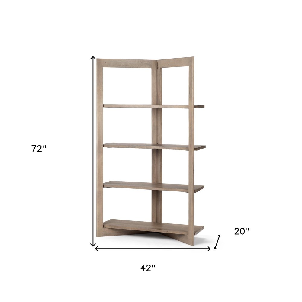 72" Brown Solid Wood and Wood Four Tier Bookcase