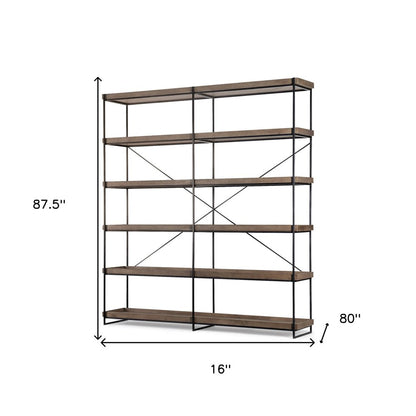 88" Black And Brown Iron and Wood Five Tier Bookcase