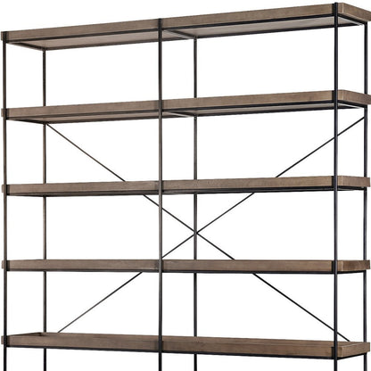 88" Black And Brown Iron and Wood Five Tier Bookcase