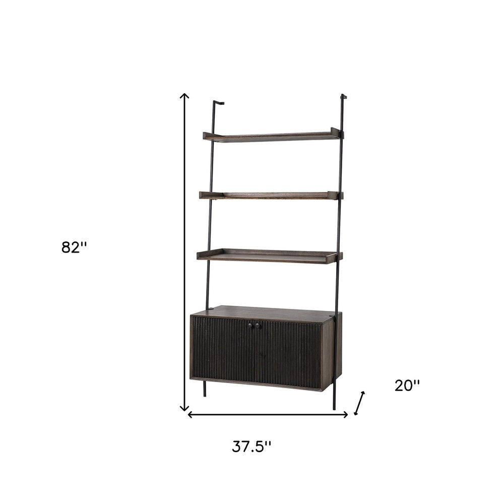 Dark Brown Metal and Wood Three Tier Ladder Bookcase