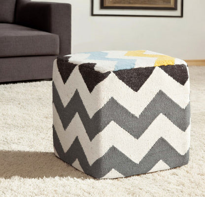 Ivory And Charcoal Wool Square Pouf With Zig Zag Pattern