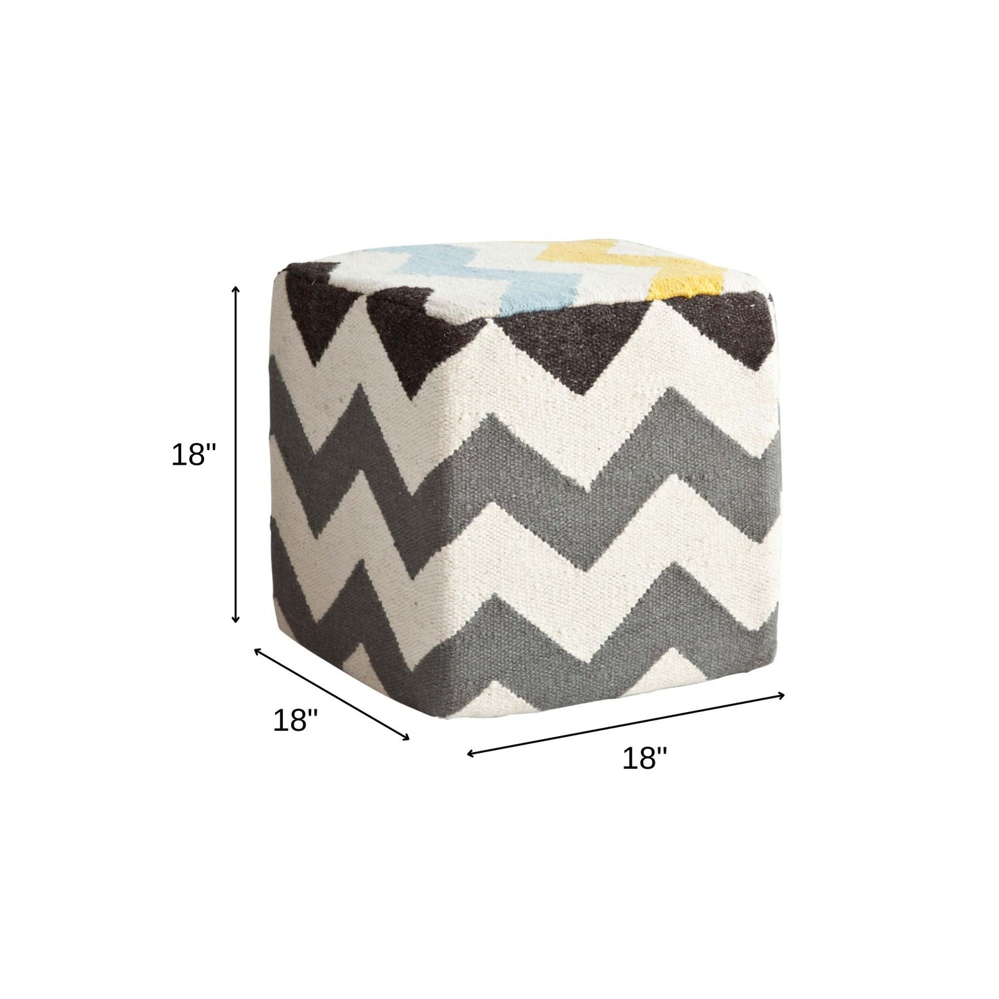 Ivory And Charcoal Wool Square Pouf With Zig Zag Pattern