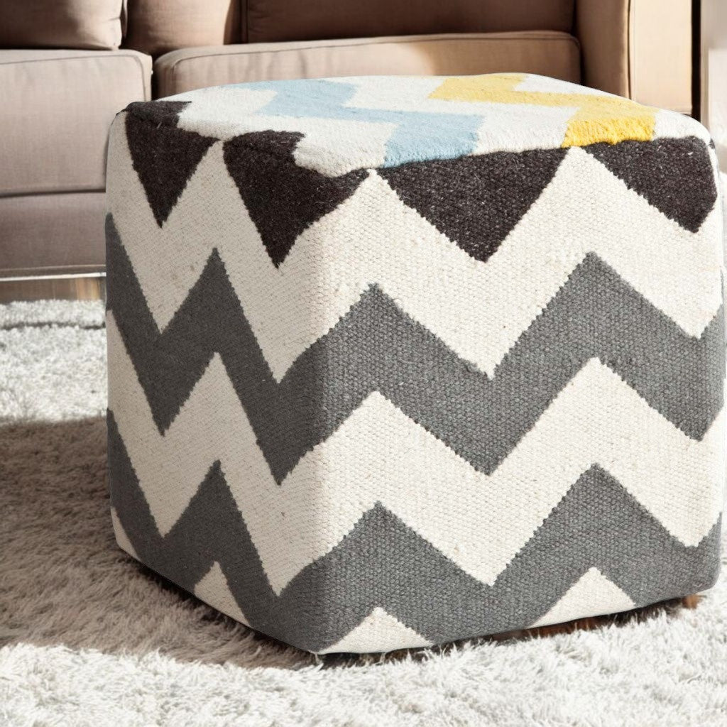 Ivory And Charcoal Wool Square Pouf With Zig Zag Pattern