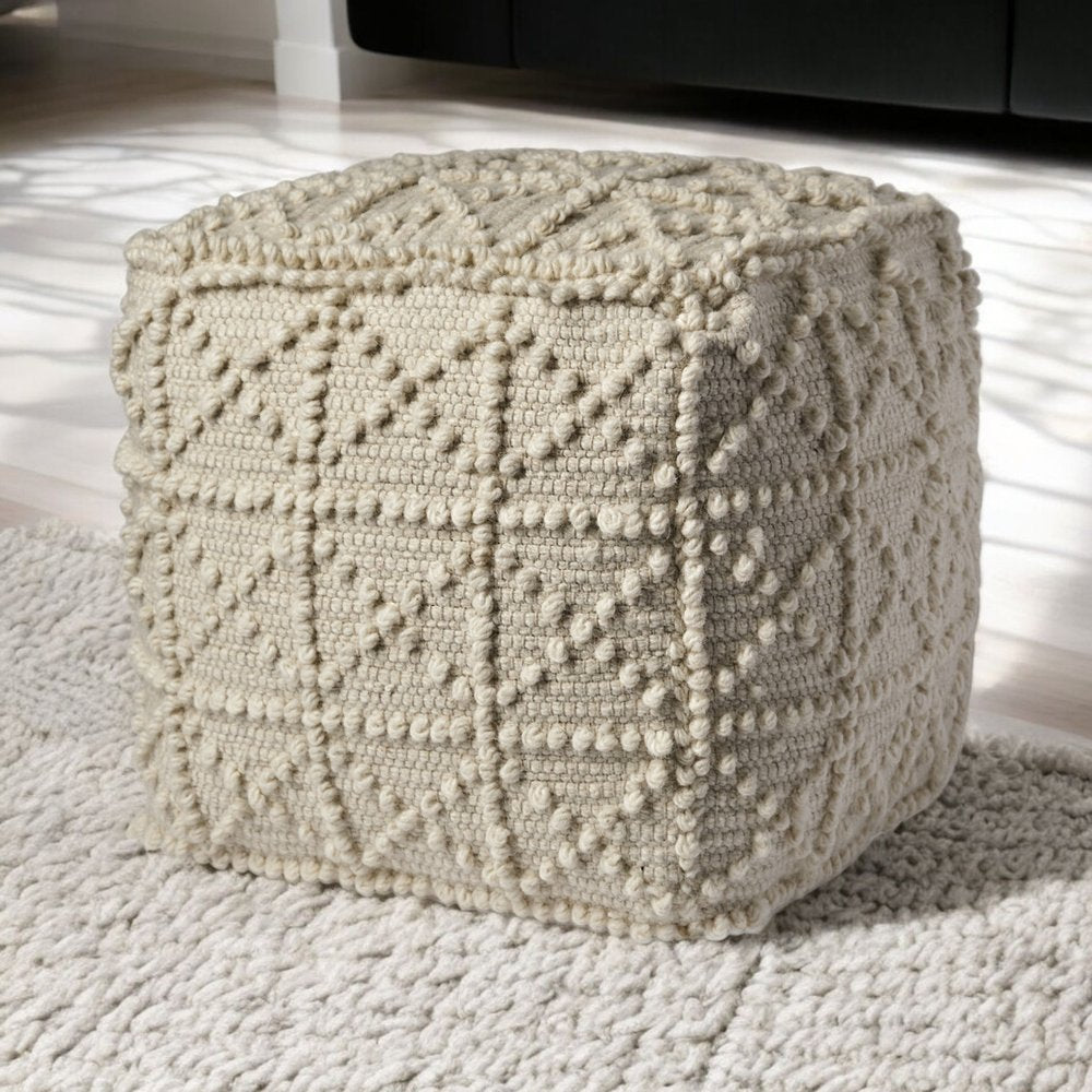 18" Ivory Wool Knubby Geometric Cube Pouf Ottoman