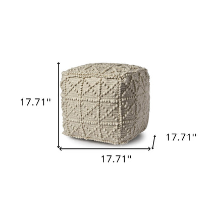 18" Ivory Wool Knubby Geometric Cube Pouf Ottoman