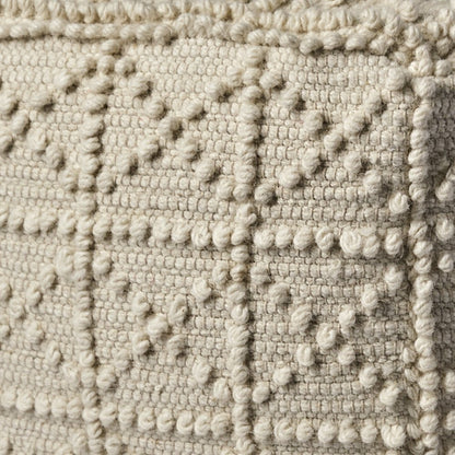 18" Ivory Wool Knubby Geometric Cube Pouf Ottoman