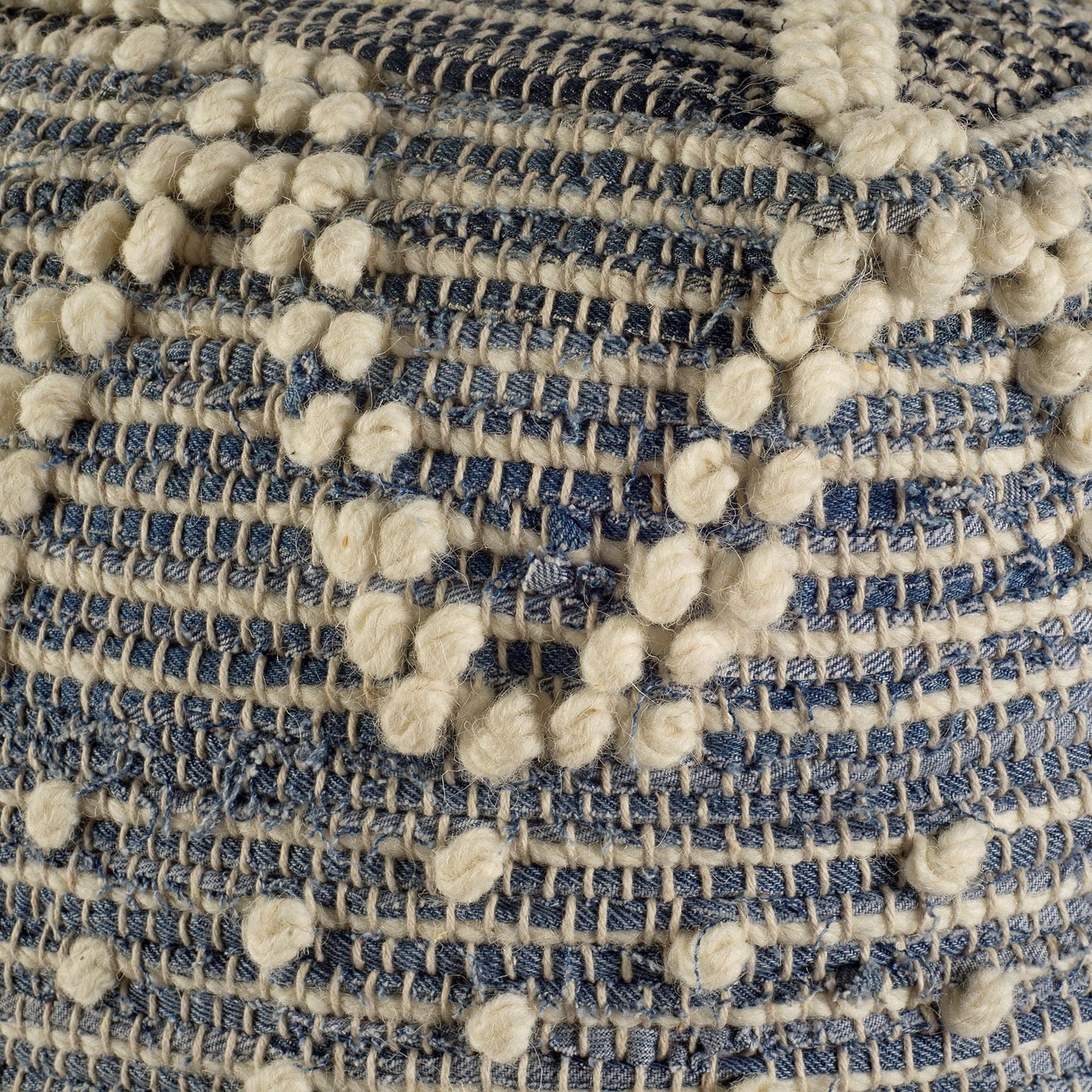 Blue Denim And Ivory Square Pouf With Cotton Stitched