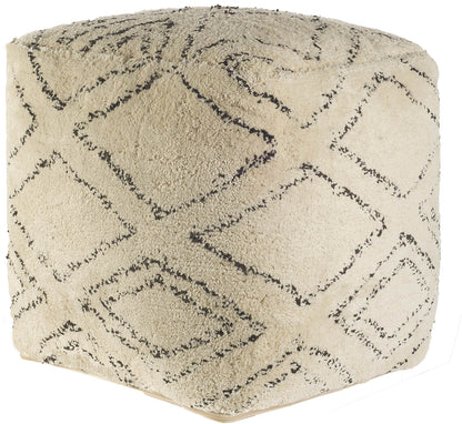 Beige Cotton Square Pouf With Argyle Pattern