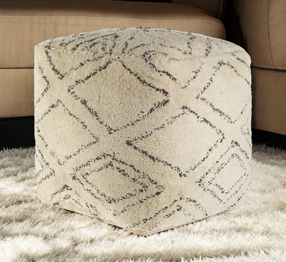 Beige Cotton Square Pouf With Argyle Pattern