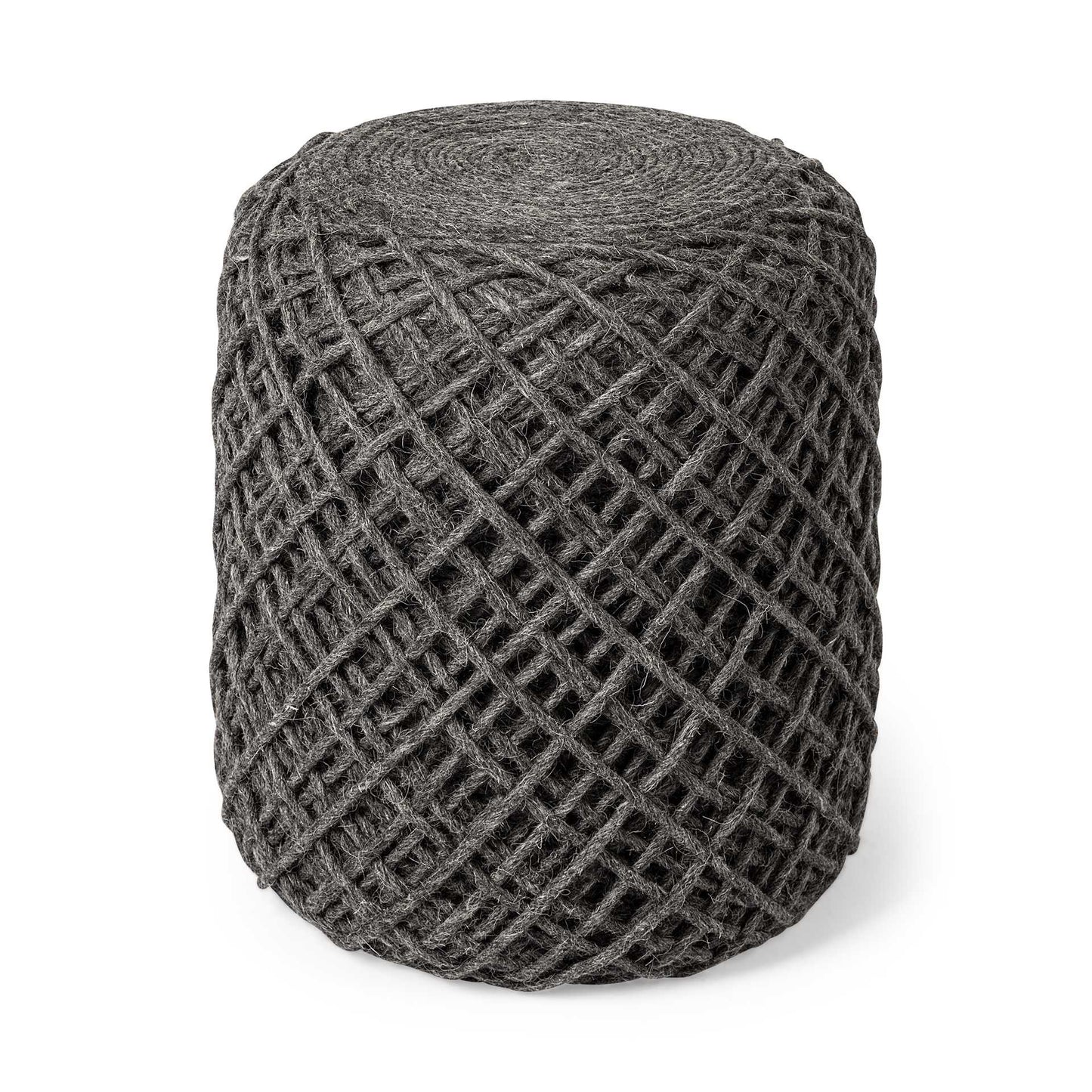 Dark Gray Wool Cylindrical Pouf With Diamond Pattern