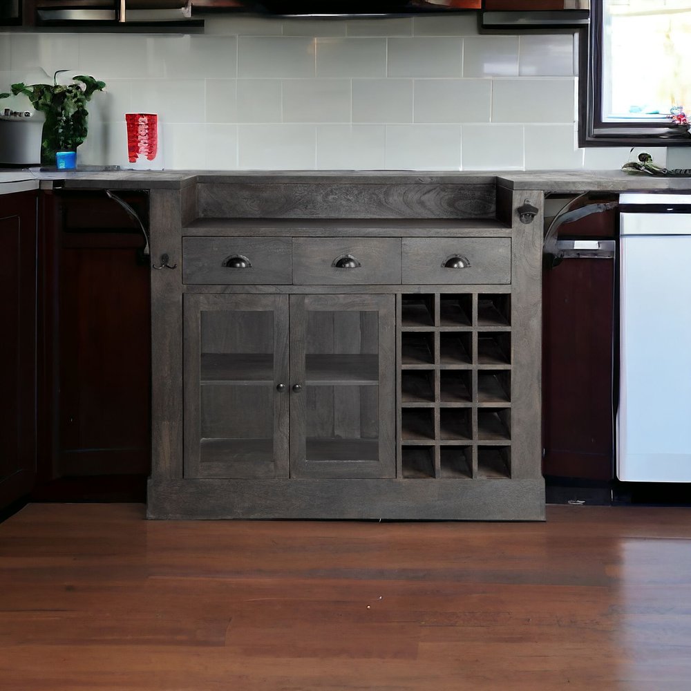 29" Gray Solid Wood Rolling Kitchen Island With Storage