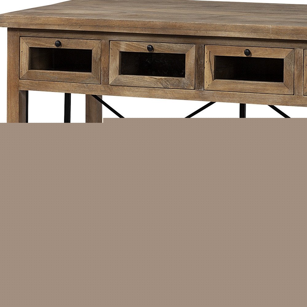Brown Solid Wood Top Kitchen Island With Two Tier Black Metal Rolling