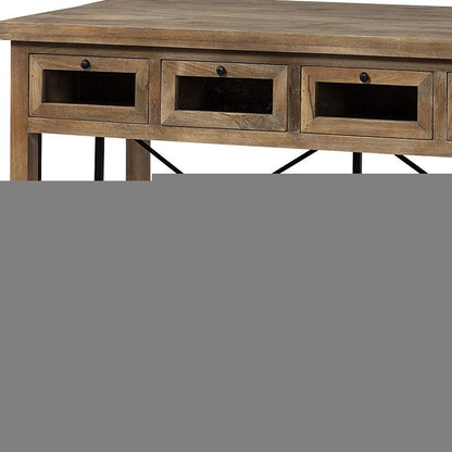 Brown Solid Wood Top Kitchen Island With Two Tier Black Metal Rolling