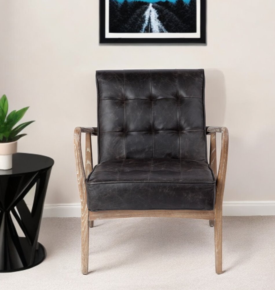 28" Black and Brown Leather Tufted Lounge Chair