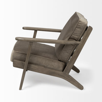 31" Olive Green And Brown Velvet Lounge Chair