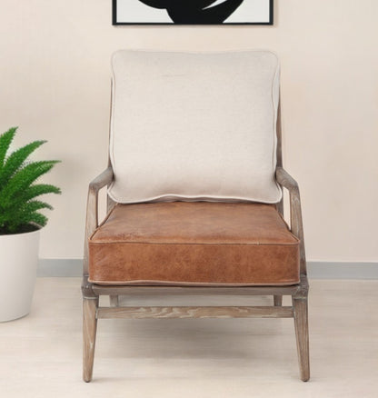 24" Beige and Brown And Brown Leather Arm Chair