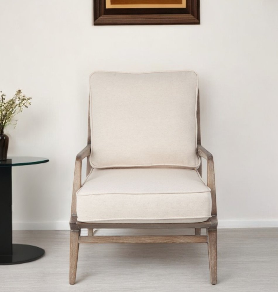 24" Ivory and Brown Fabric Arm Chair