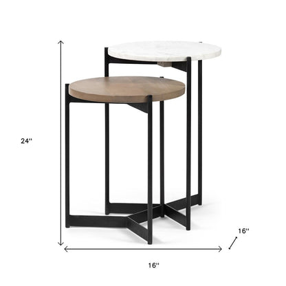 24" Brown And White Glass Round End Table