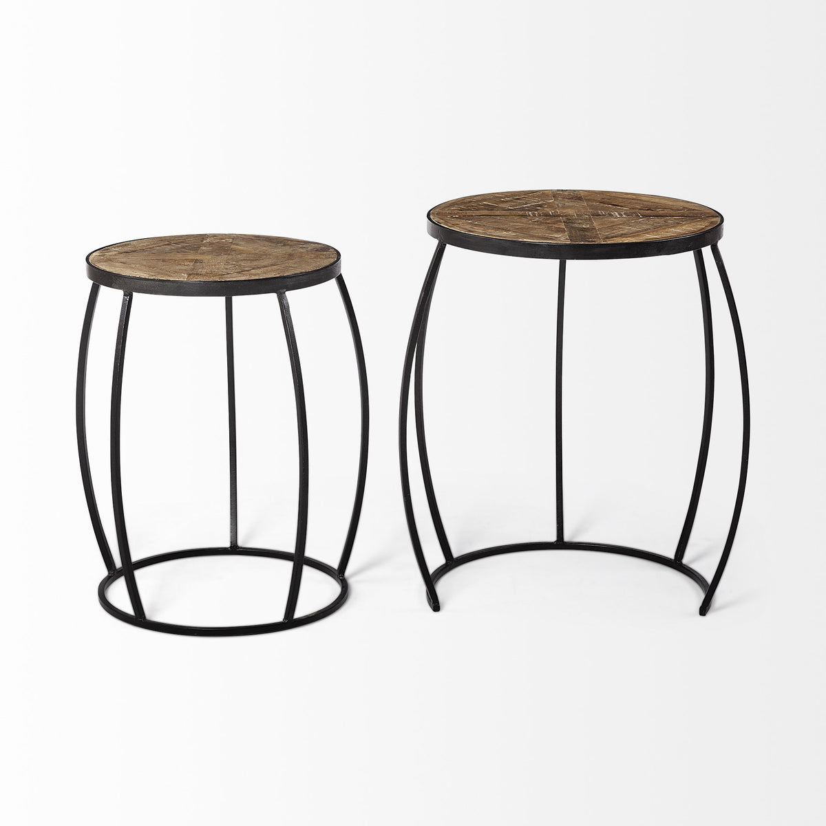 Set of Two 26" Natural And Black Solid Wood And Iron Round End Table