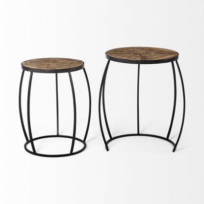 Set of Two 26" Natural And Black Solid Wood And Iron Round End Table