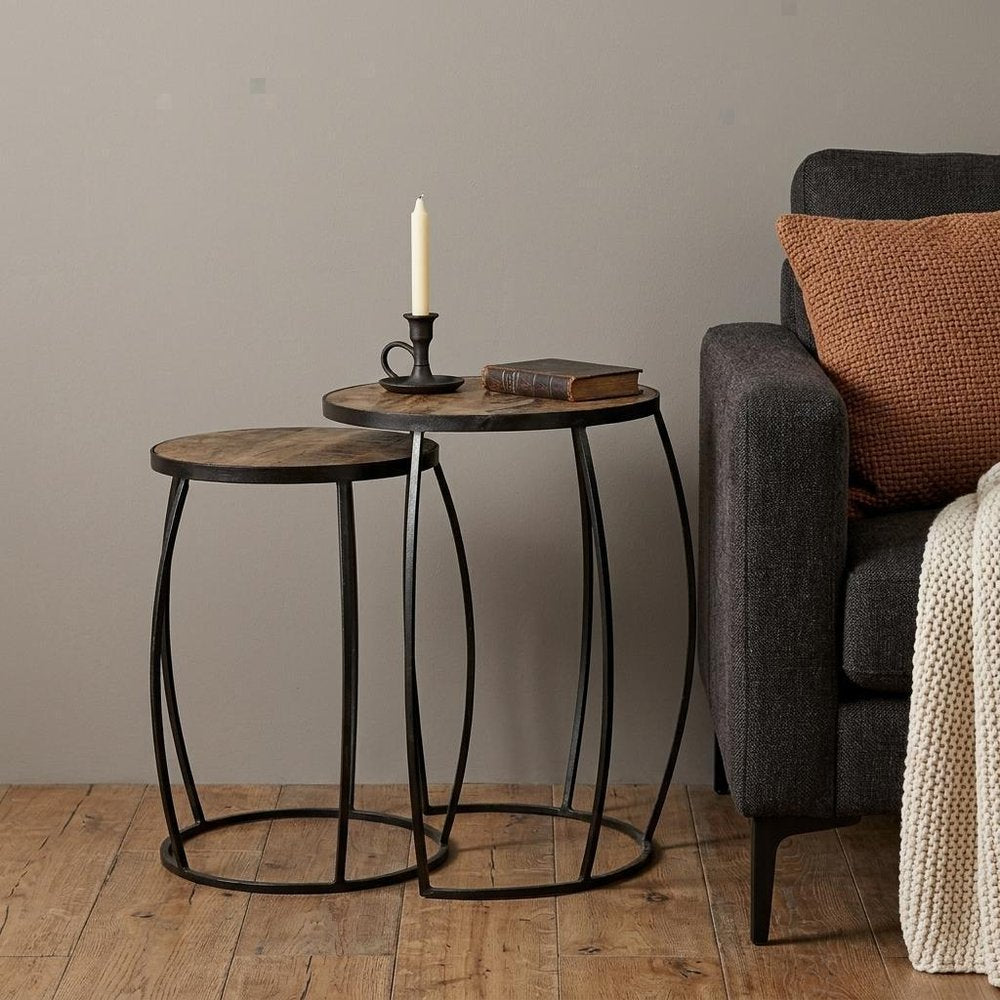 Set of Two 26" Natural And Black Solid Wood And Iron Round End Table