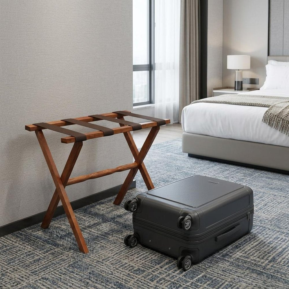 Hotel Light Walnut Folding Luggage Rack With Four Straps