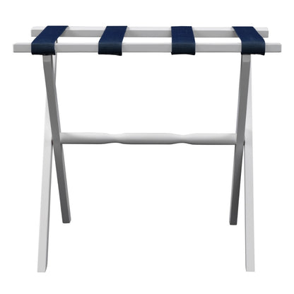 Hotel White Finish Wood Folding Luggage Rack With Navy Straps