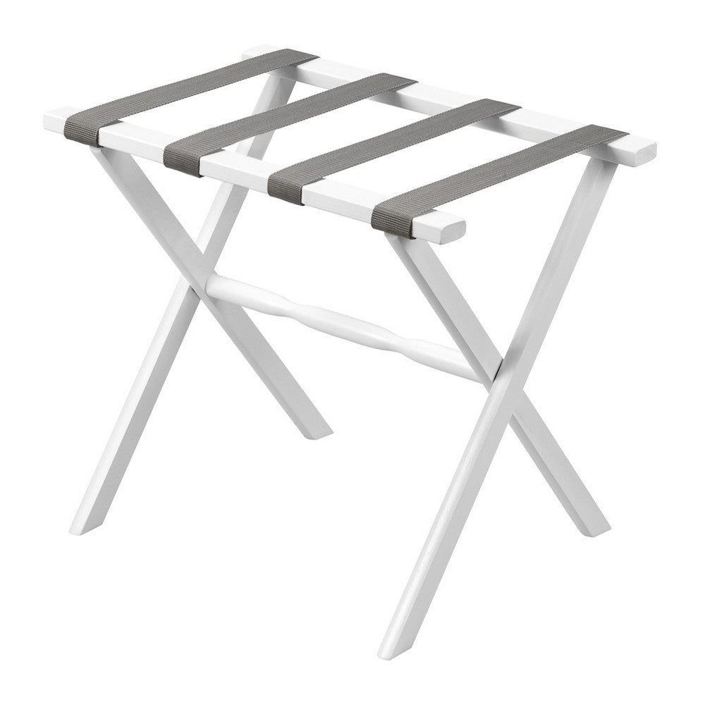 Hotel White Finish Wood Folding Luggage Rack With Gray Straps