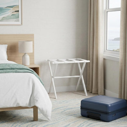 Hotel White Finish Wood Folding Luggage Rack With White Straps