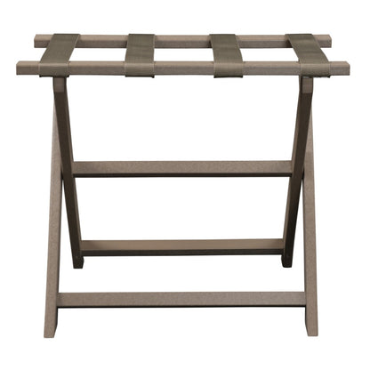 Earth Friendly Taupe Folding Luggage Rack With Dark Tan Straps