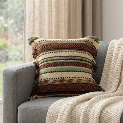 14" X 24" Brown and Beige Cotton Throw Pillow With Fringe